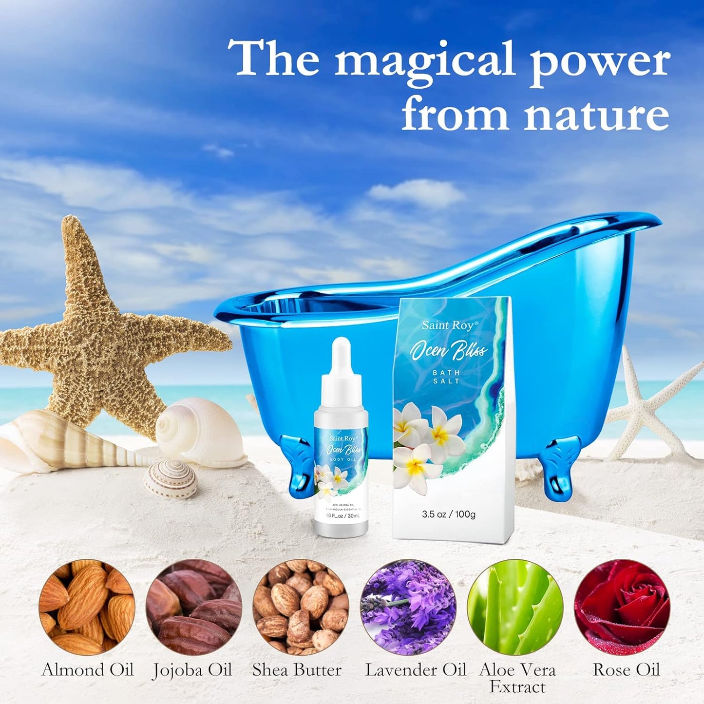 Birthday Gifts for Women, Luxury Home Spa Kit, 8Pcs Bath Gift Set Ocean & Vanilla, Gift Baskets for Women Unique with Bath Bombs, Sea Salt, Scented Candle, Body Lotion