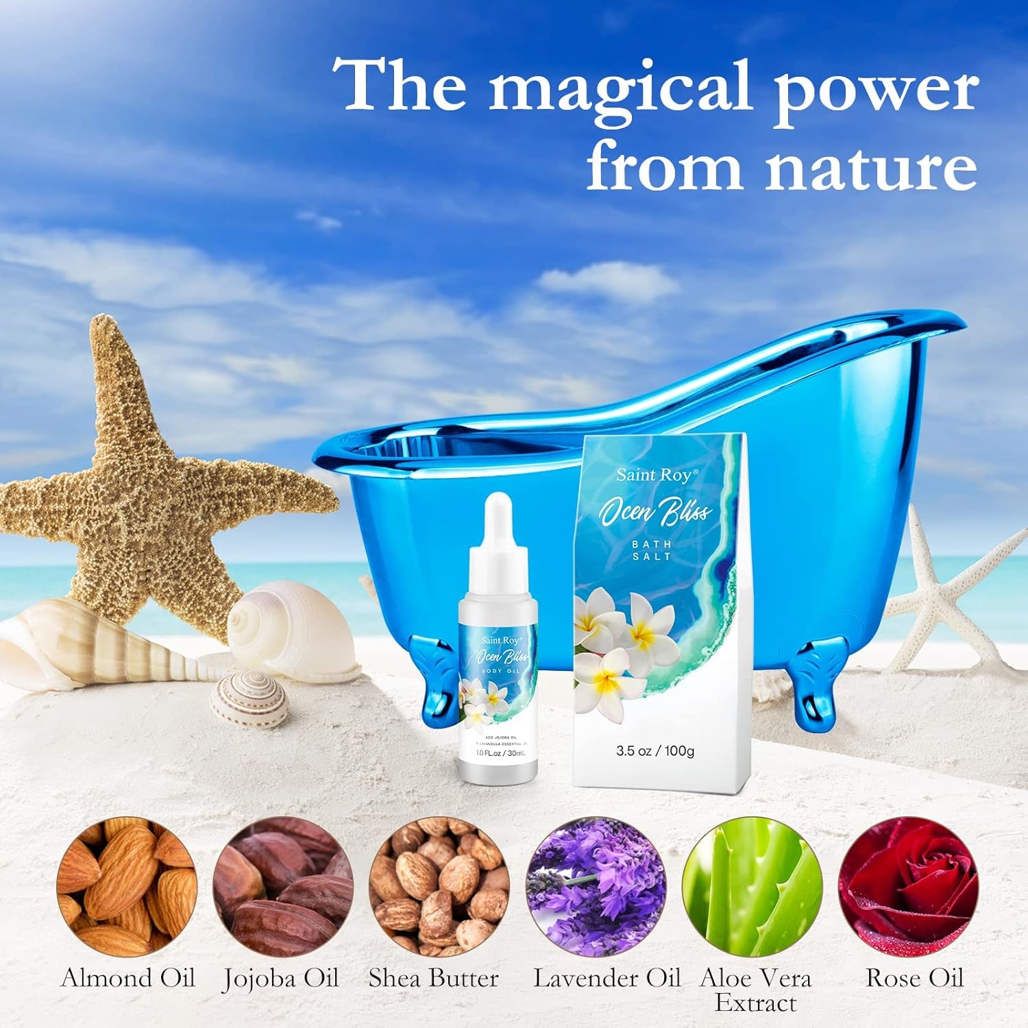 Birthday Gifts for Women, Luxury Home Spa Kit, 8Pcs Bath Gift Set Ocean & Vanilla, Gift Baskets for Women Unique with Bath Bombs, Sea Salt, Scented Candle, Body Lotion