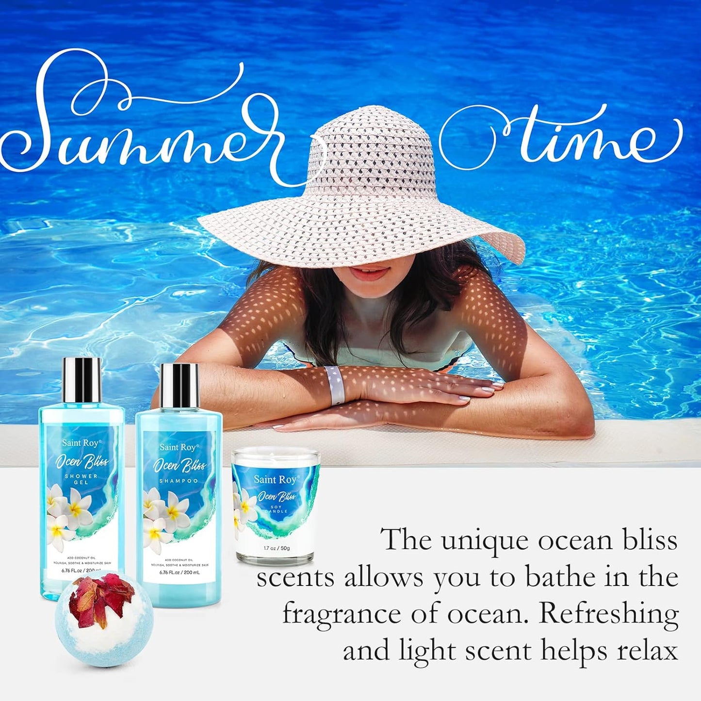 Birthday Gifts for Women, Luxury Home Spa Kit, 8Pcs Bath Gift Set Ocean & Vanilla, Gift Baskets for Women Unique with Bath Bombs, Sea Salt, Scented Candle, Body Lotion