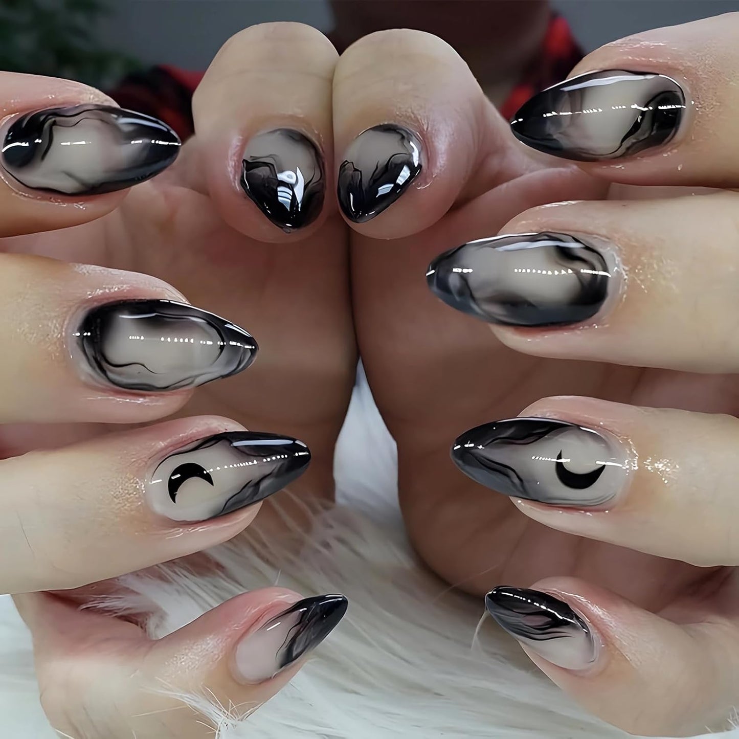 Press on Nails Medium Almond Fake Nails Glossy Glue on Nails Goth Black Ombre Acrylic Nails Stiletto Artificial Nails Gothic Moon Stick on False Nails with Design 24 Pcs